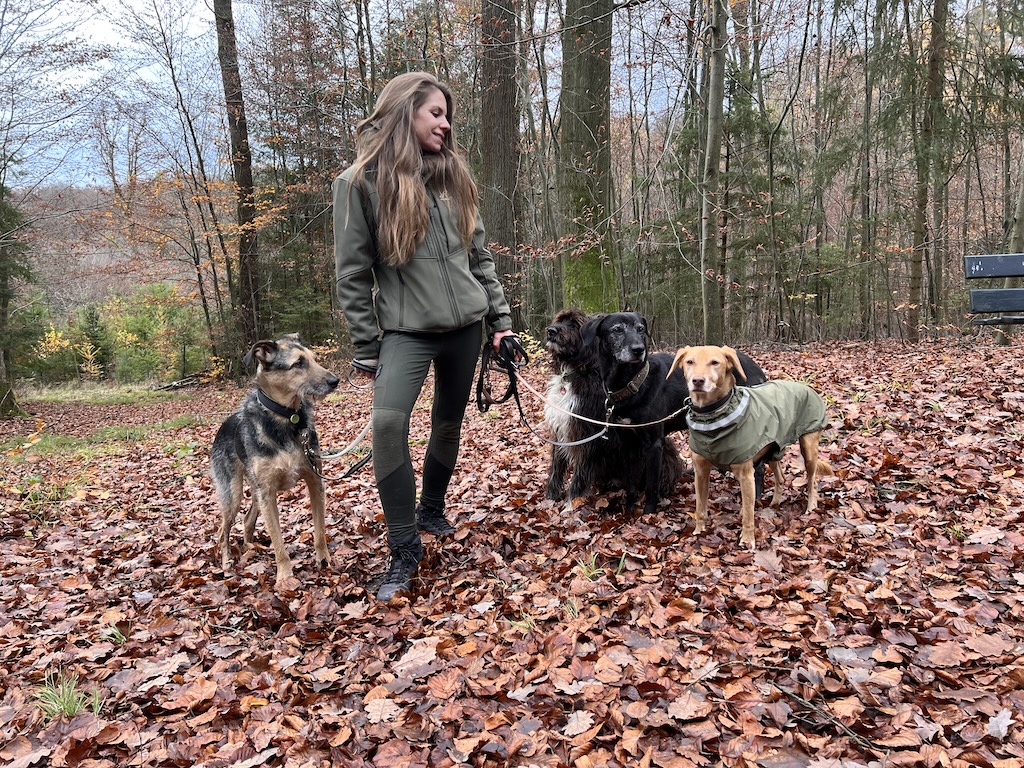 Hundetrainerin Anna Stuhrmann im Wald mit Hunden
